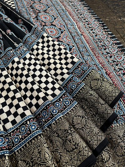 ANKITA: Handblock Ajrakh Dola Silk Saree with Meenakari Pallu