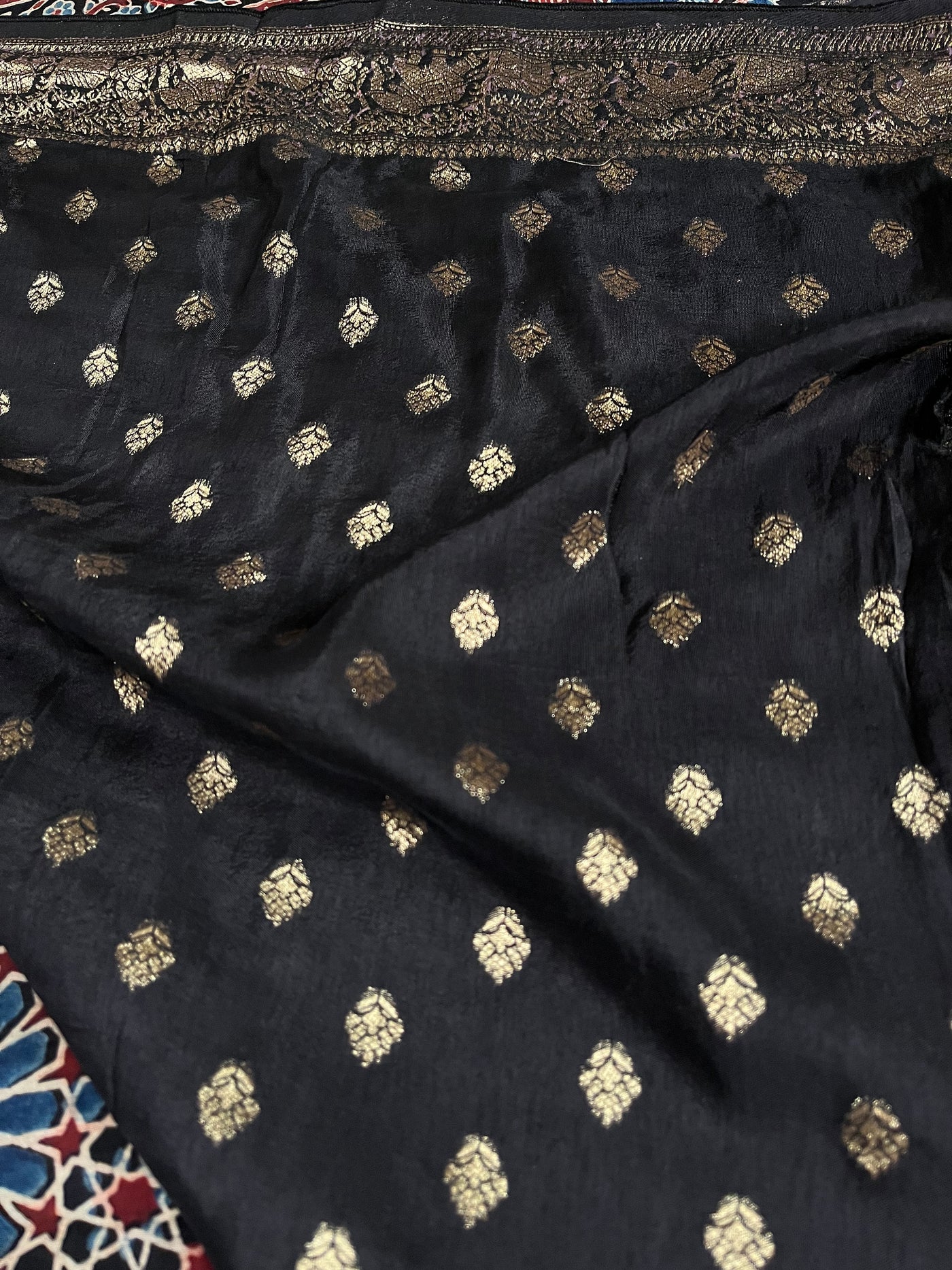 LATIKA: Handblock Ajrakh Dola Silk Saree with Meenakari Pallu
