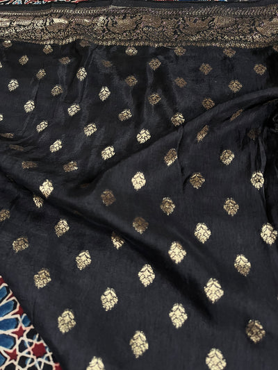 LATIKA: Handblock Ajrakh Dola Silk Saree with Meenakari Pallu