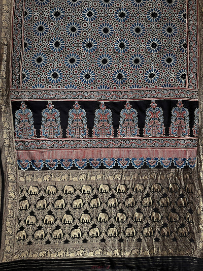LATIKA: Handblock Ajrakh Dola Silk Saree with Meenakari Pallu