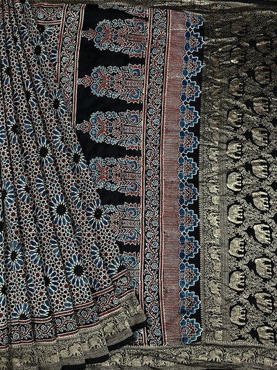 LATIKA: Handblock Ajrakh Dola Silk Saree with Meenakari Pallu
