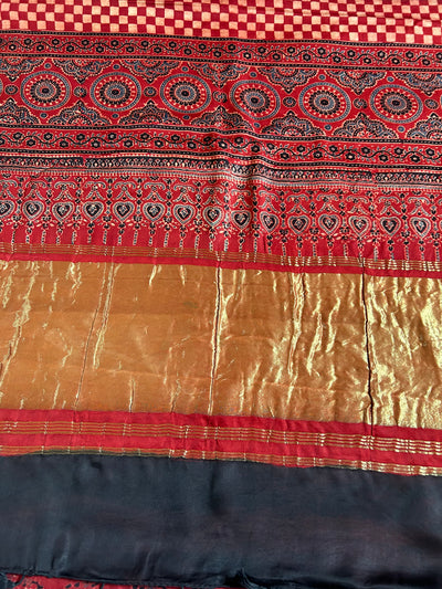 Shree: Handblock modal silk tissue ajrakh saree