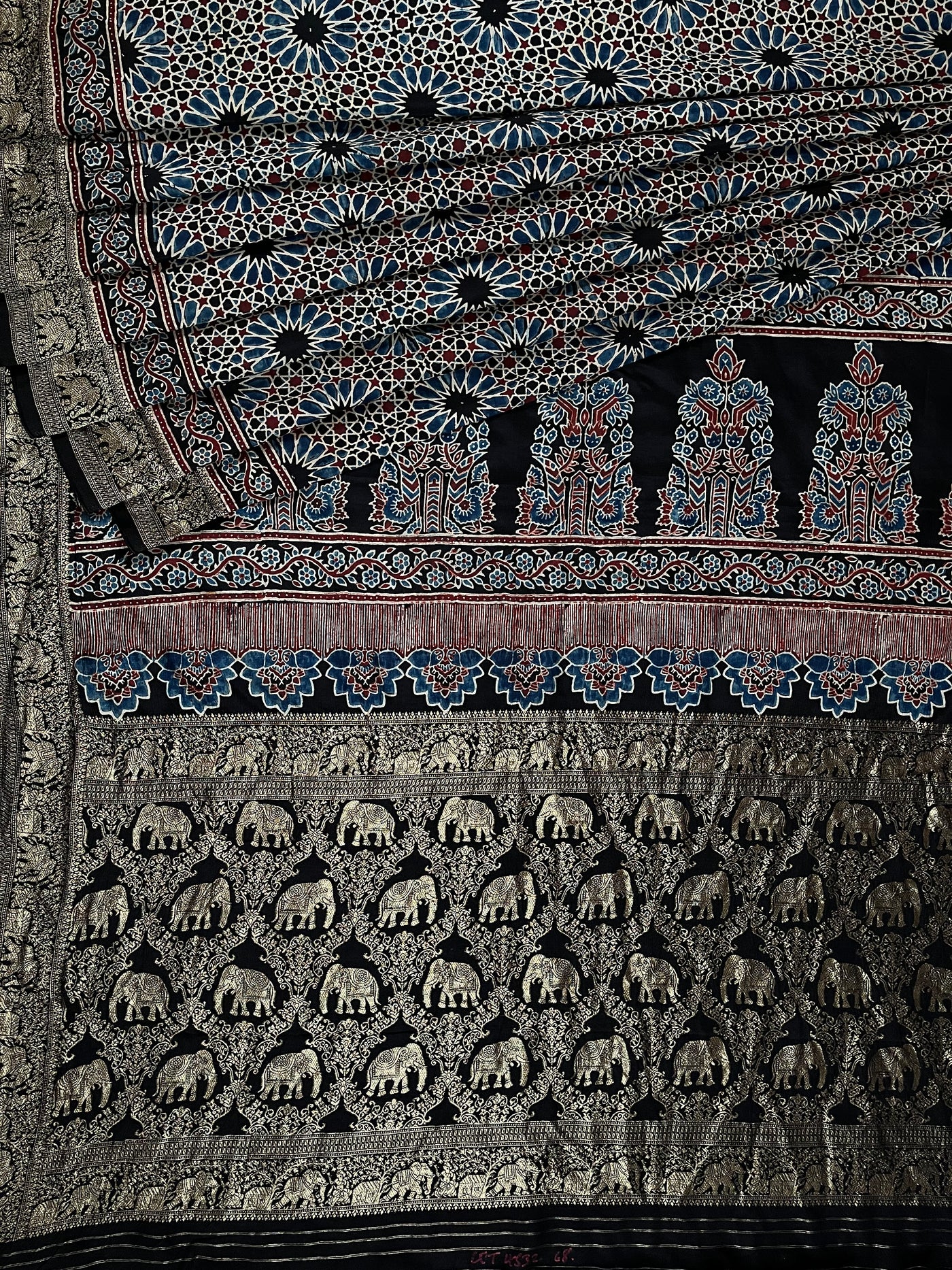 LATIKA: Handblock Ajrakh Dola Silk Saree with Meenakari Pallu