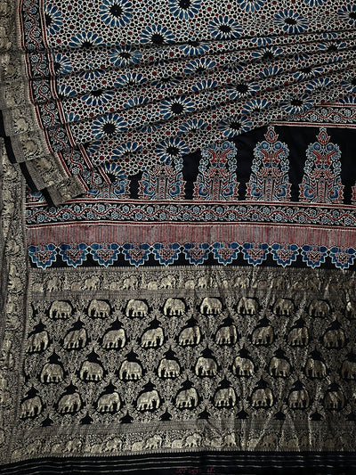 LATIKA: Handblock Ajrakh Dola Silk Saree with Meenakari Pallu