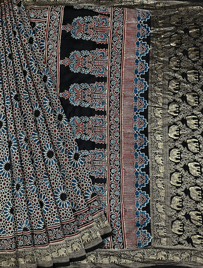 LATIKA: Handblock Ajrakh Dola Silk Saree with Meenakari Pallu