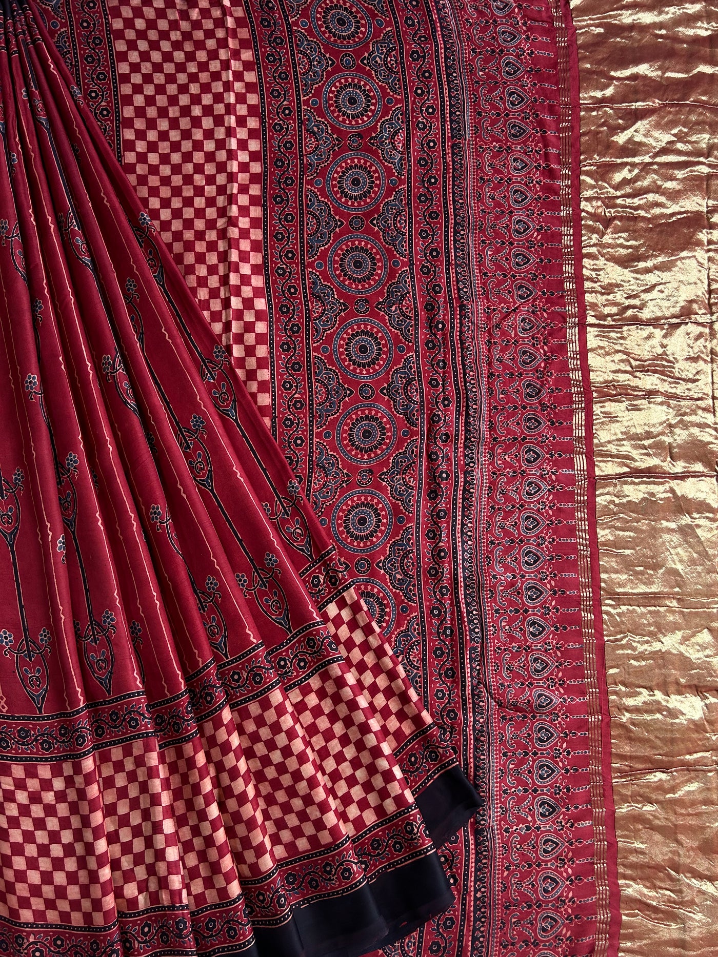 Shree: Handblock modal silk tissue ajrakh saree