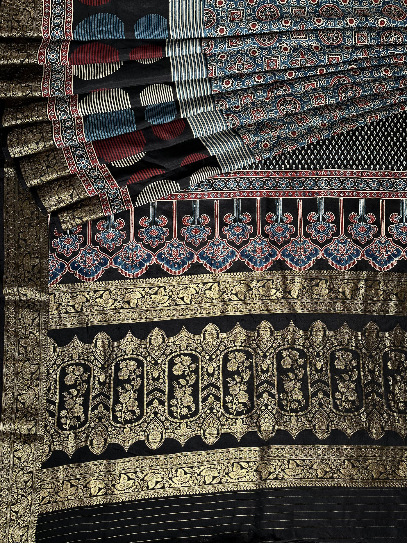 AVANTIKA: Handblock Ajrakh Dola Silk Saree with Meenakari Pallu