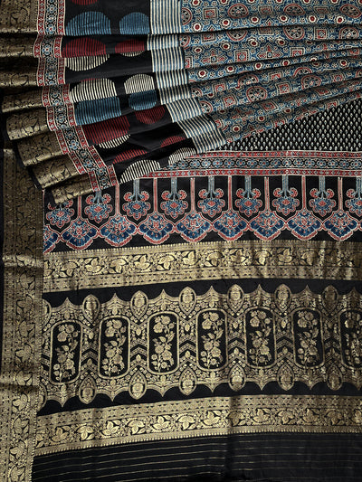 AVANTIKA: Handblock Ajrakh Dola Silk Saree with Meenakari Pallu