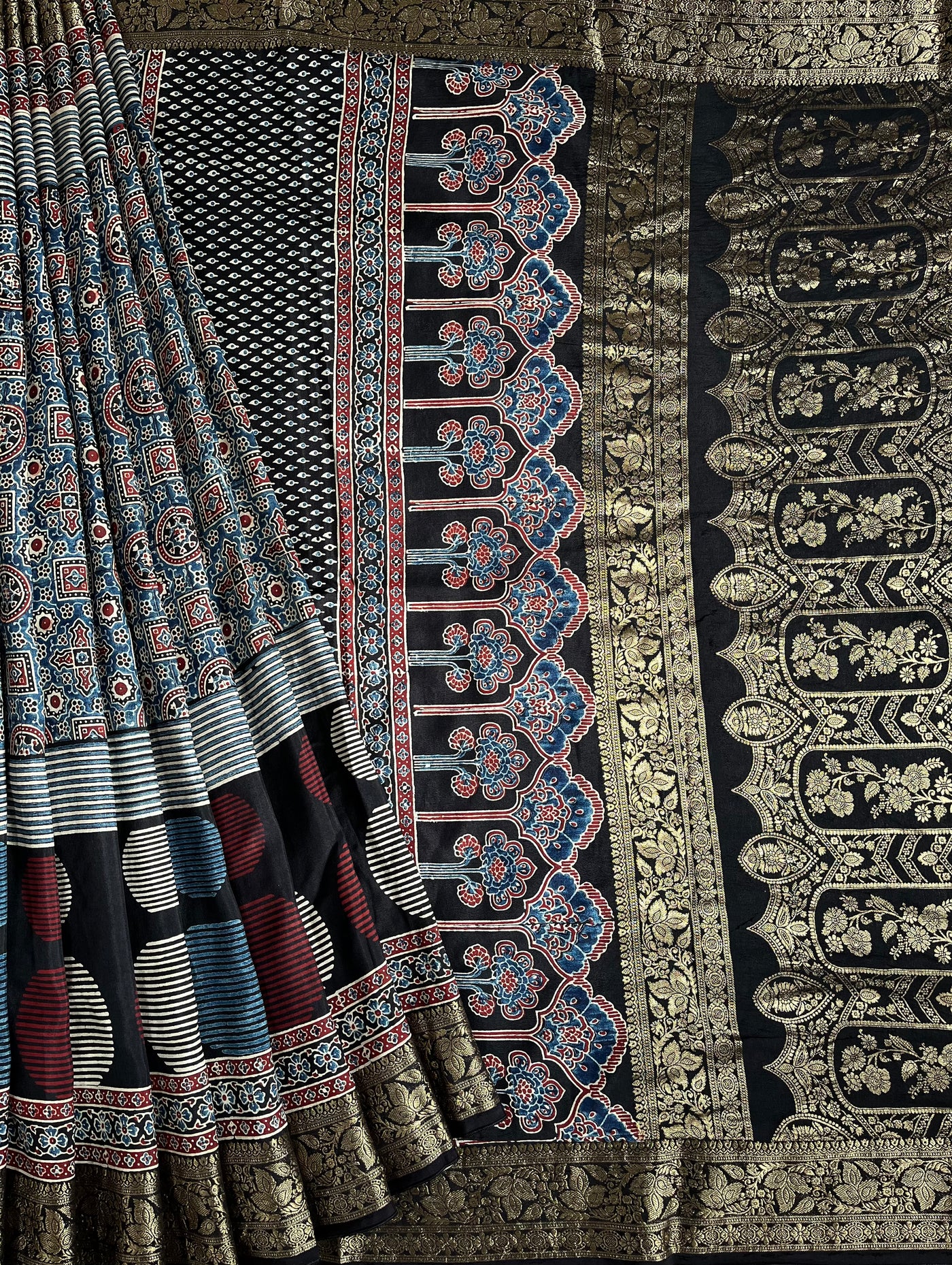AVANTIKA: Handblock Ajrakh Dola Silk Saree with Meenakari Pallu