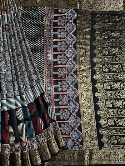 AVANTIKA: Handblock Ajrakh Dola Silk Saree with Meenakari Pallu