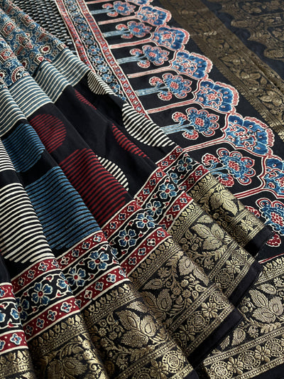 AVANTIKA: Handblock Ajrakh Dola Silk Saree with Meenakari Pallu