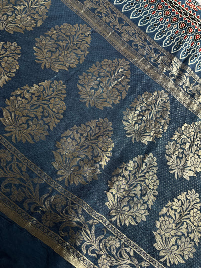 DAMINI: Handblock Ajrakh Dola Silk Saree with Meenakari Pallu