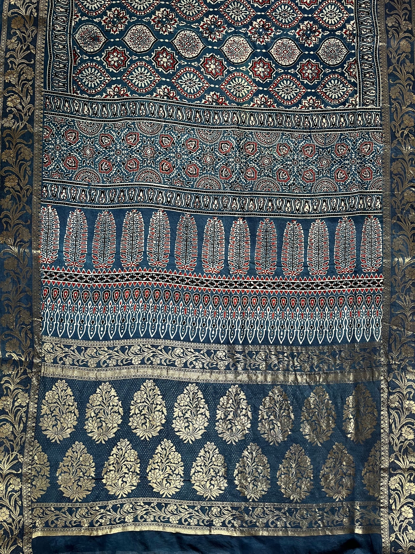 DAMINI: Handblock Ajrakh Dola Silk Saree with Meenakari Pallu