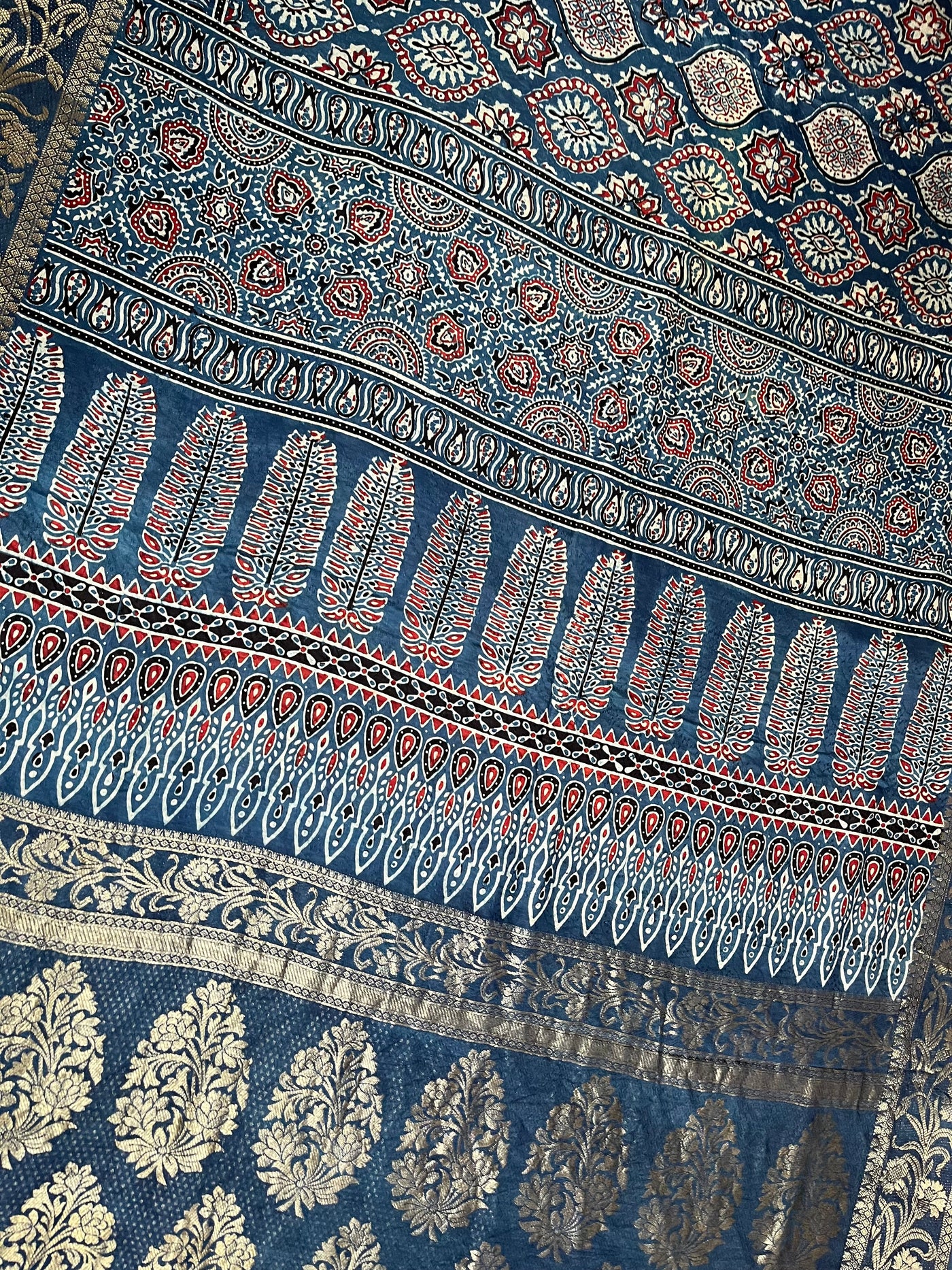 DAMINI: Handblock Ajrakh Dola Silk Saree with Meenakari Pallu