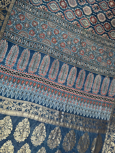 DAMINI: Handblock Ajrakh Dola Silk Saree with Meenakari Pallu