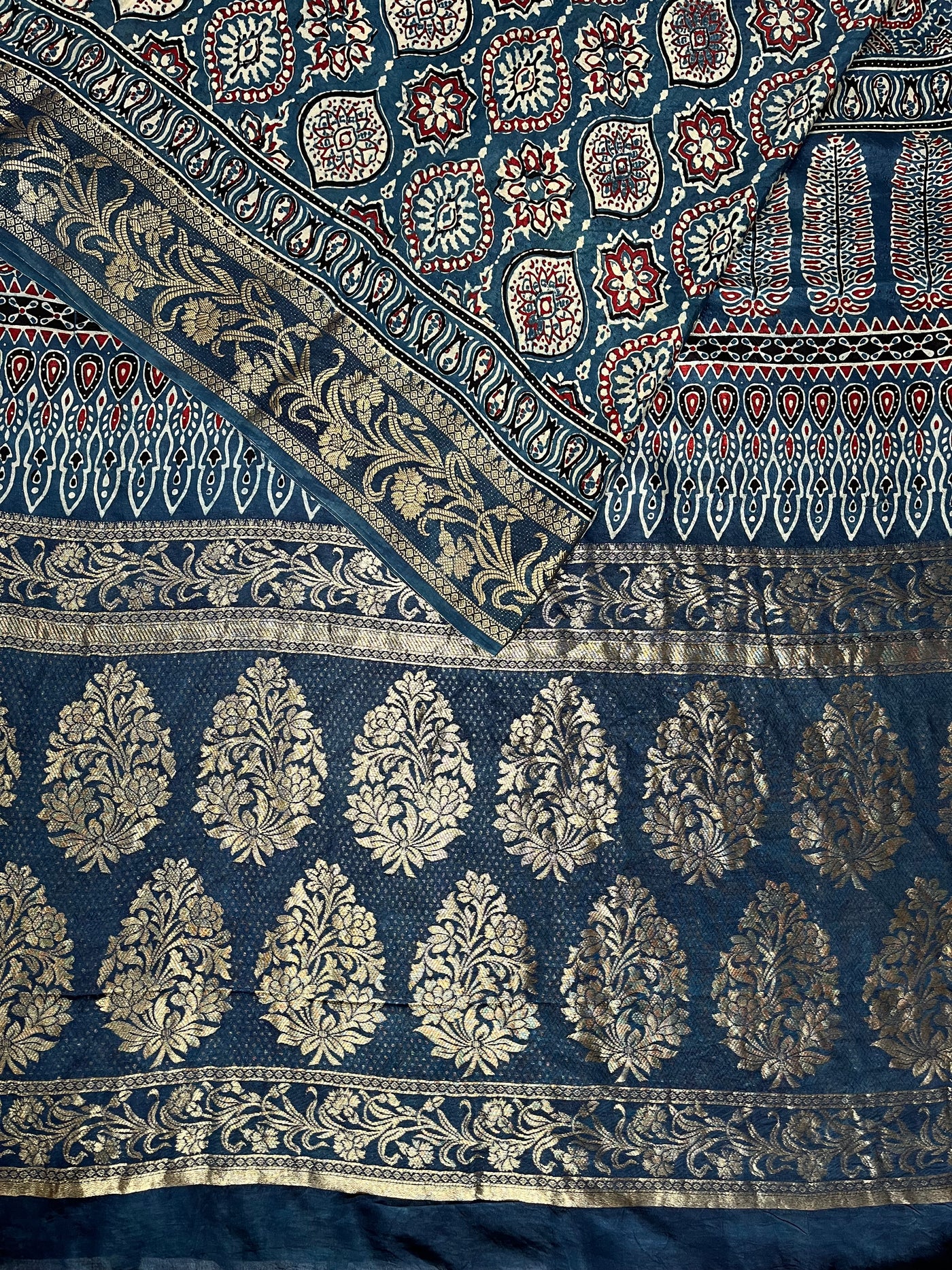 DAMINI: Handblock Ajrakh Dola Silk Saree with Meenakari Pallu