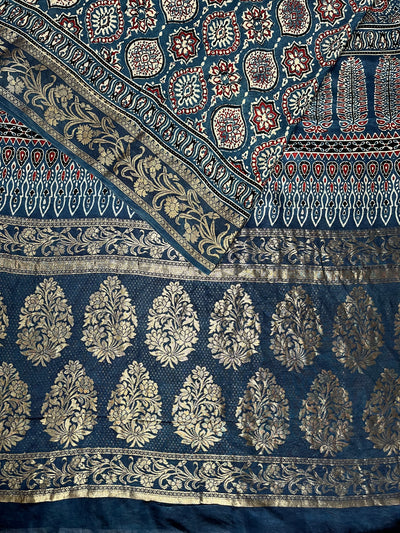 DAMINI: Handblock Ajrakh Dola Silk Saree with Meenakari Pallu