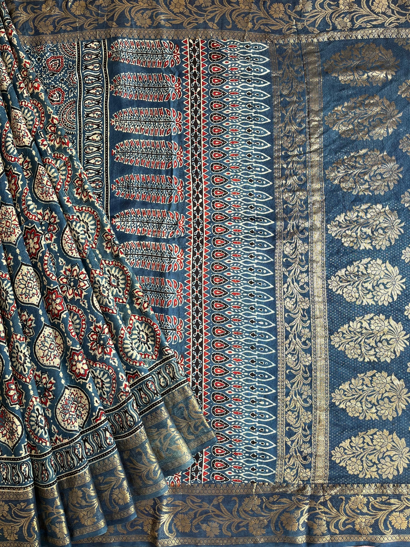 DAMINI: Handblock Ajrakh Dola Silk Saree with Meenakari Pallu