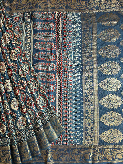 DAMINI: Handblock Ajrakh Dola Silk Saree with Meenakari Pallu