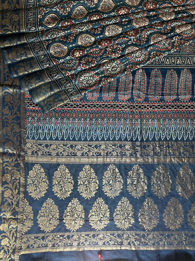 DAMINI: Handblock Ajrakh Dola Silk Saree with Meenakari Pallu