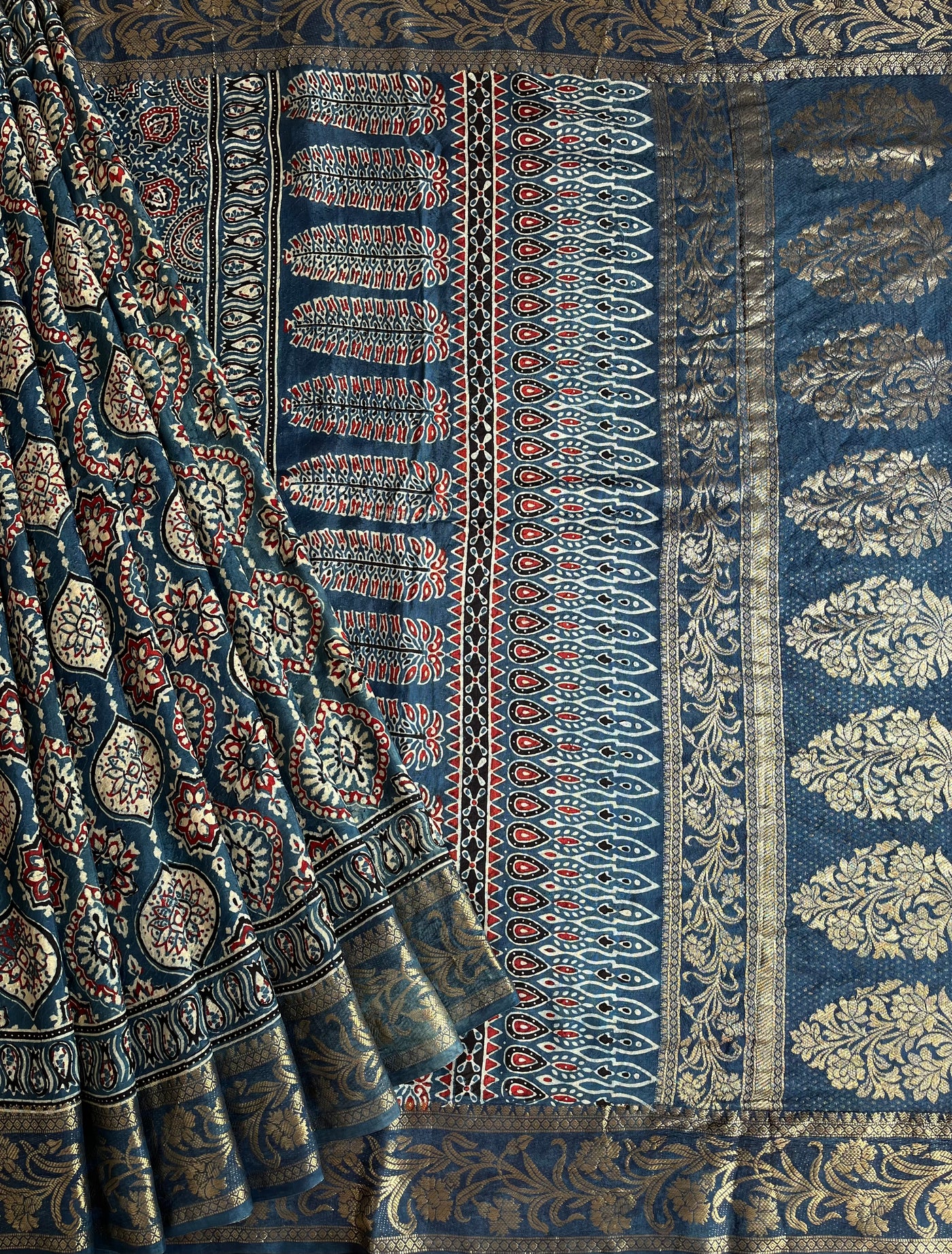 DAMINI: Handblock Ajrakh Dola Silk Saree with Meenakari Pallu