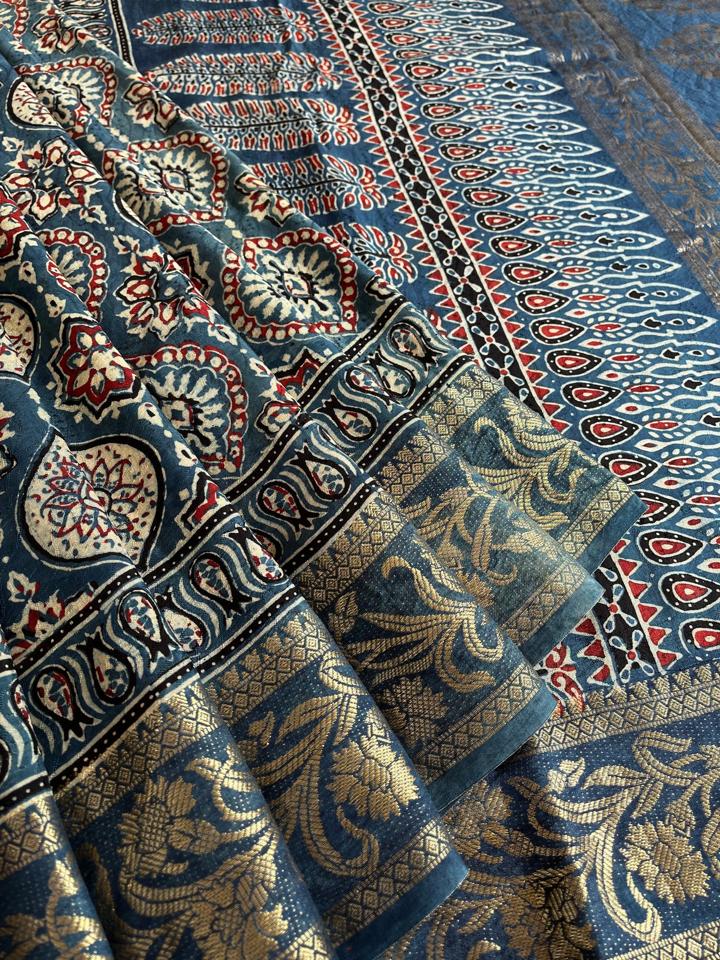 DAMINI: Handblock Ajrakh Dola Silk Saree with Meenakari Pallu