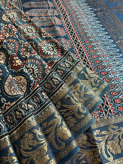 DAMINI: Handblock Ajrakh Dola Silk Saree with Meenakari Pallu