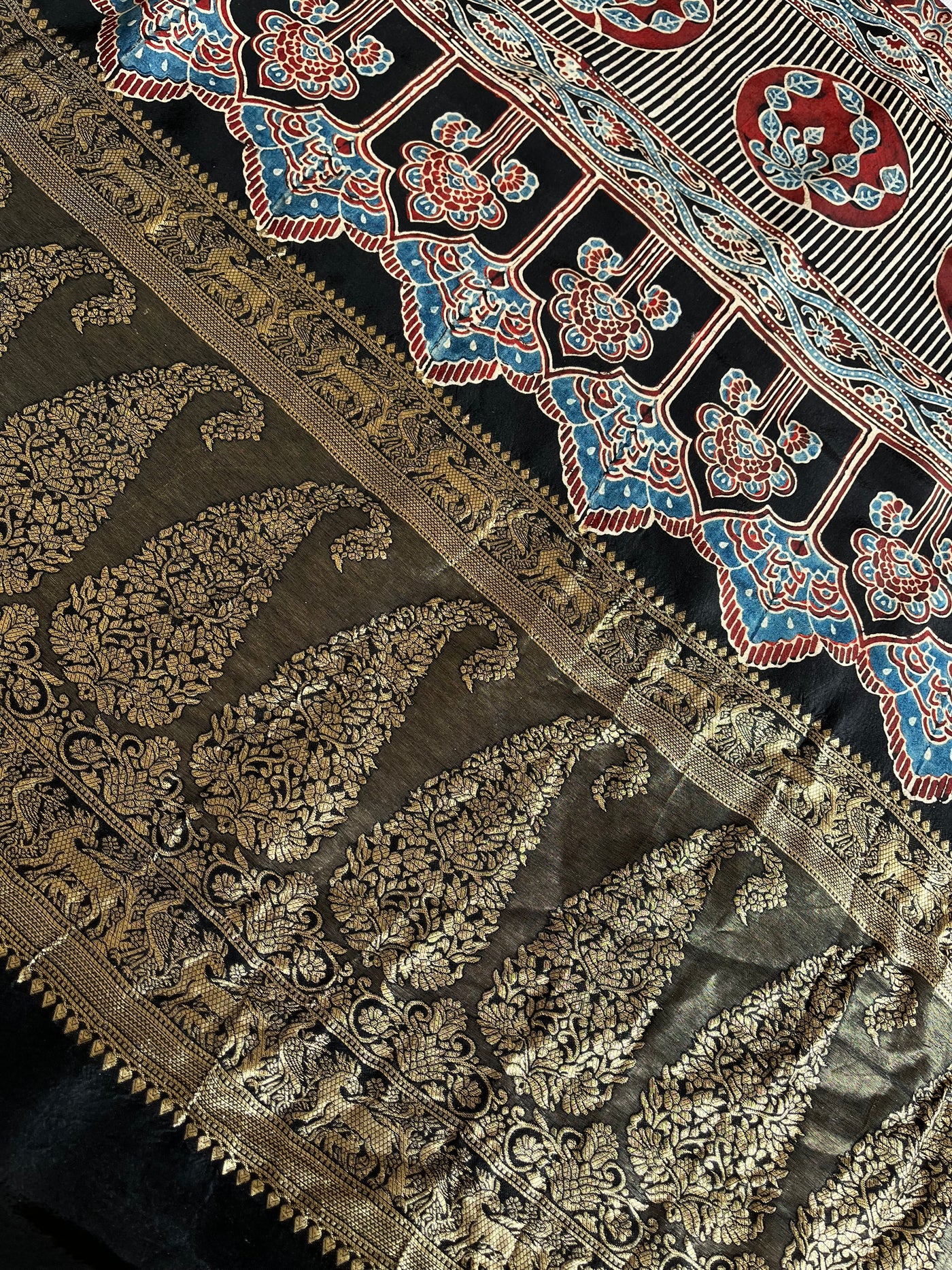 HEMA: Handblock Ajrakh Dola Silk Saree with Meenakari Pallu
