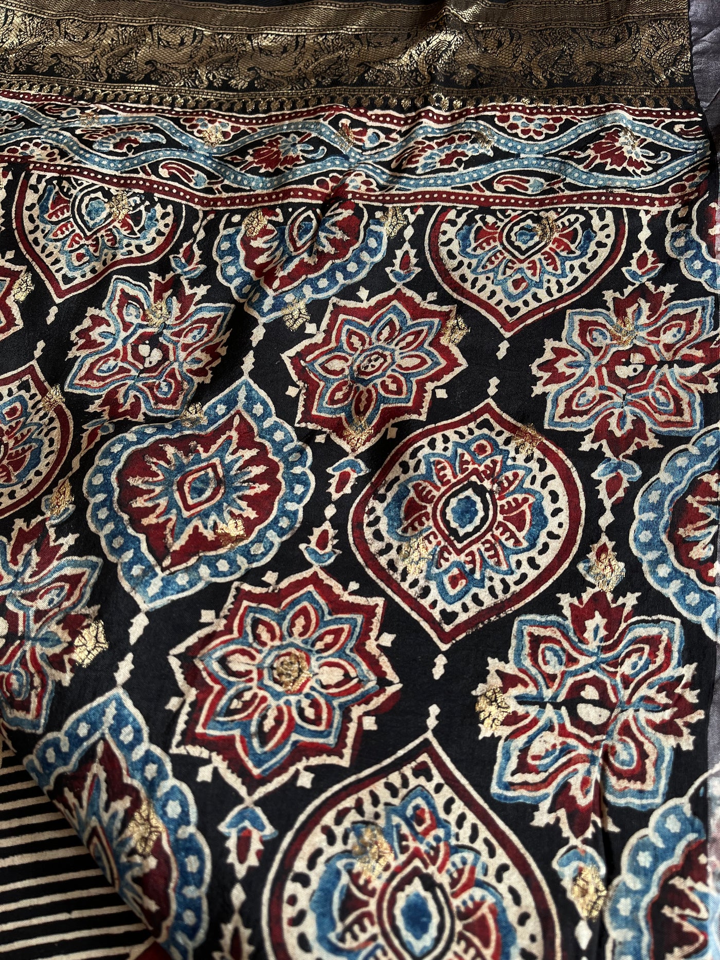 HEMA: Handblock Ajrakh Dola Silk Saree with Meenakari Pallu
