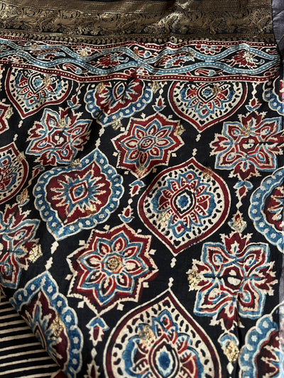 HEMA: Handblock Ajrakh Dola Silk Saree with Meenakari Pallu