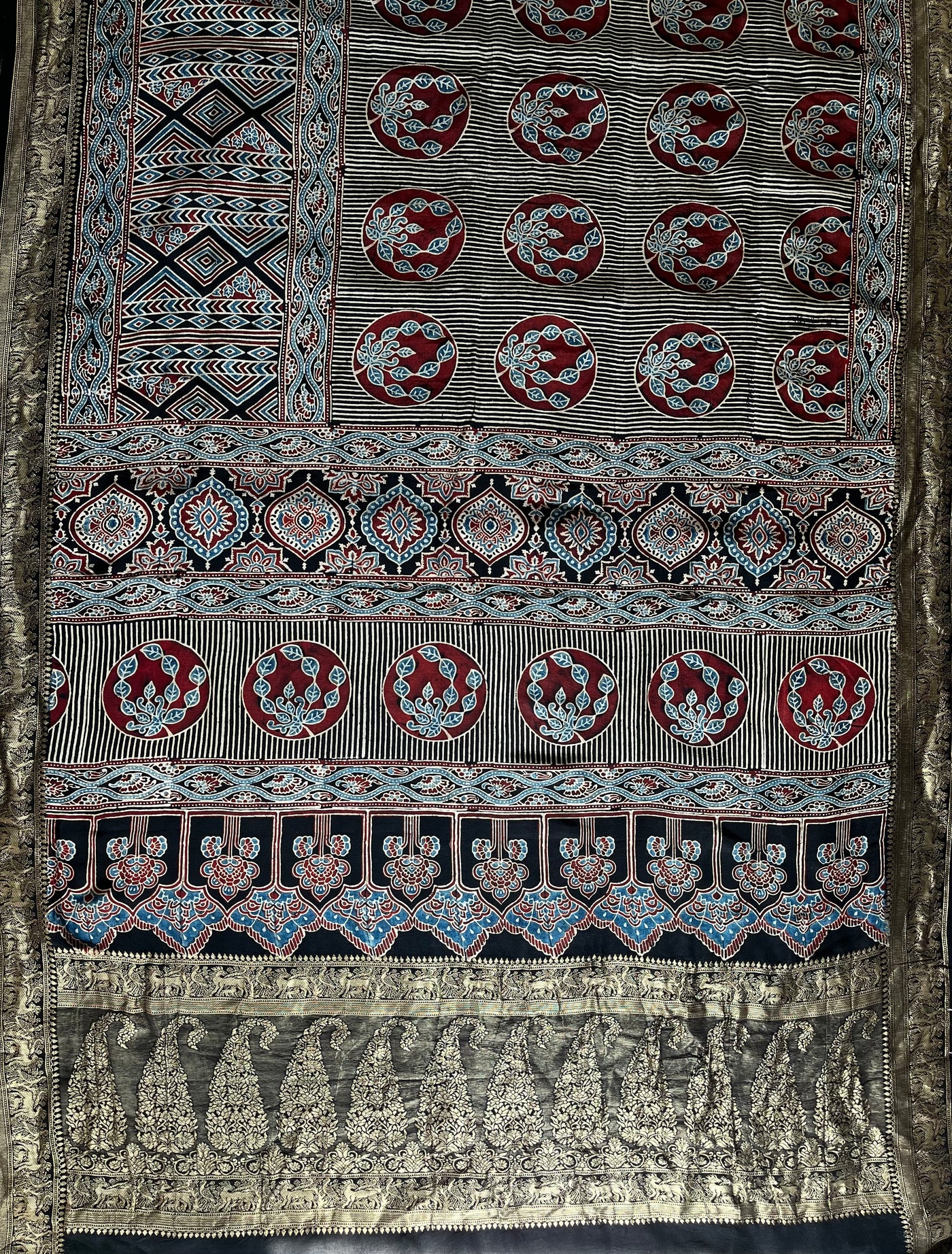 HEMA: Handblock Ajrakh Dola Silk Saree with Meenakari Pallu