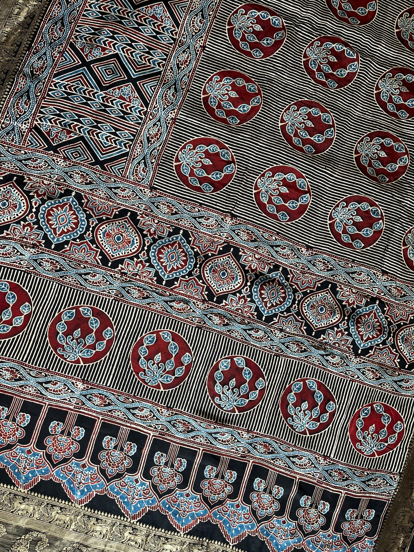 HEMA: Handblock Ajrakh Dola Silk Saree with Meenakari Pallu