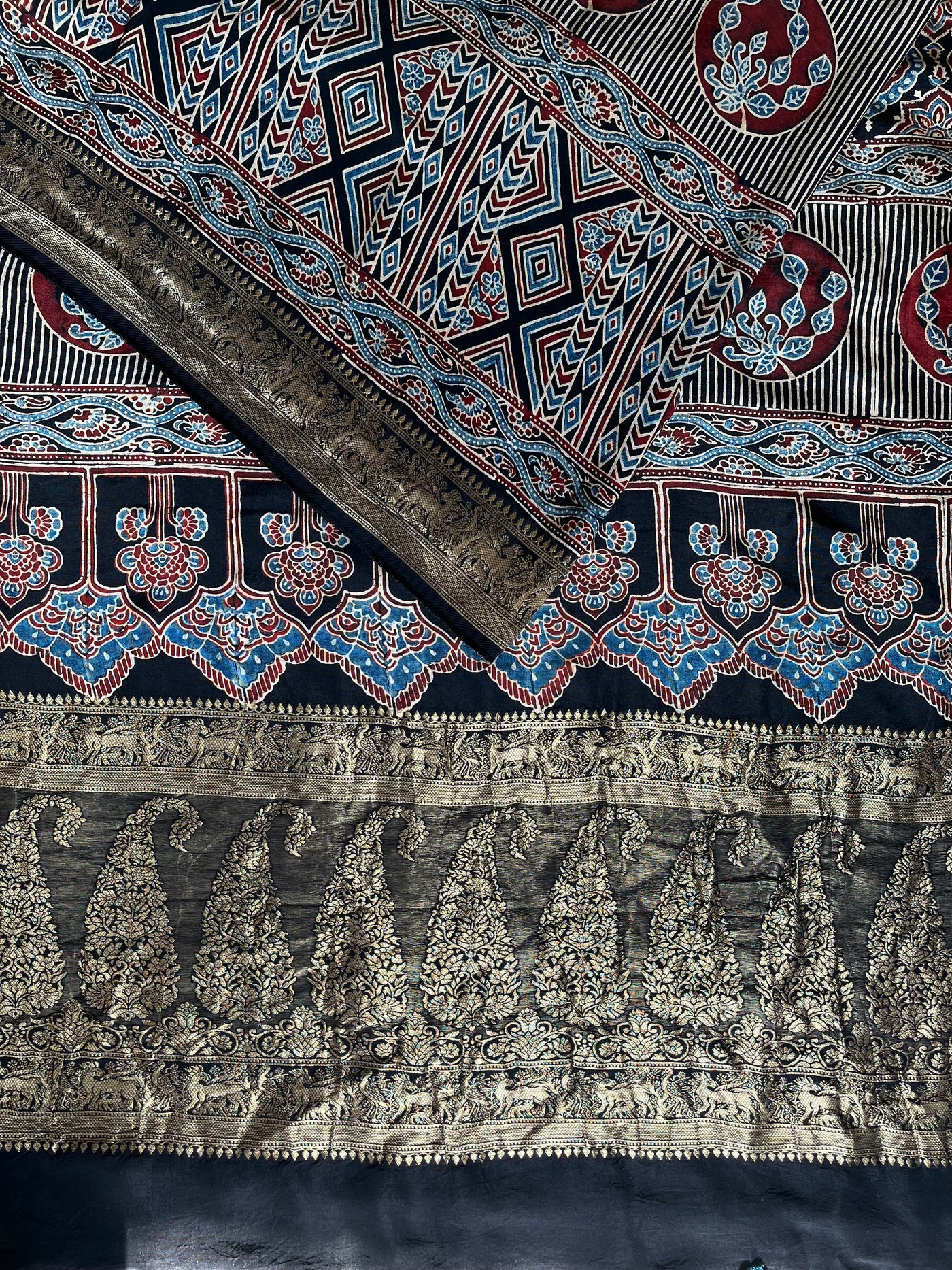 HEMA: Handblock Ajrakh Dola Silk Saree with Meenakari Pallu