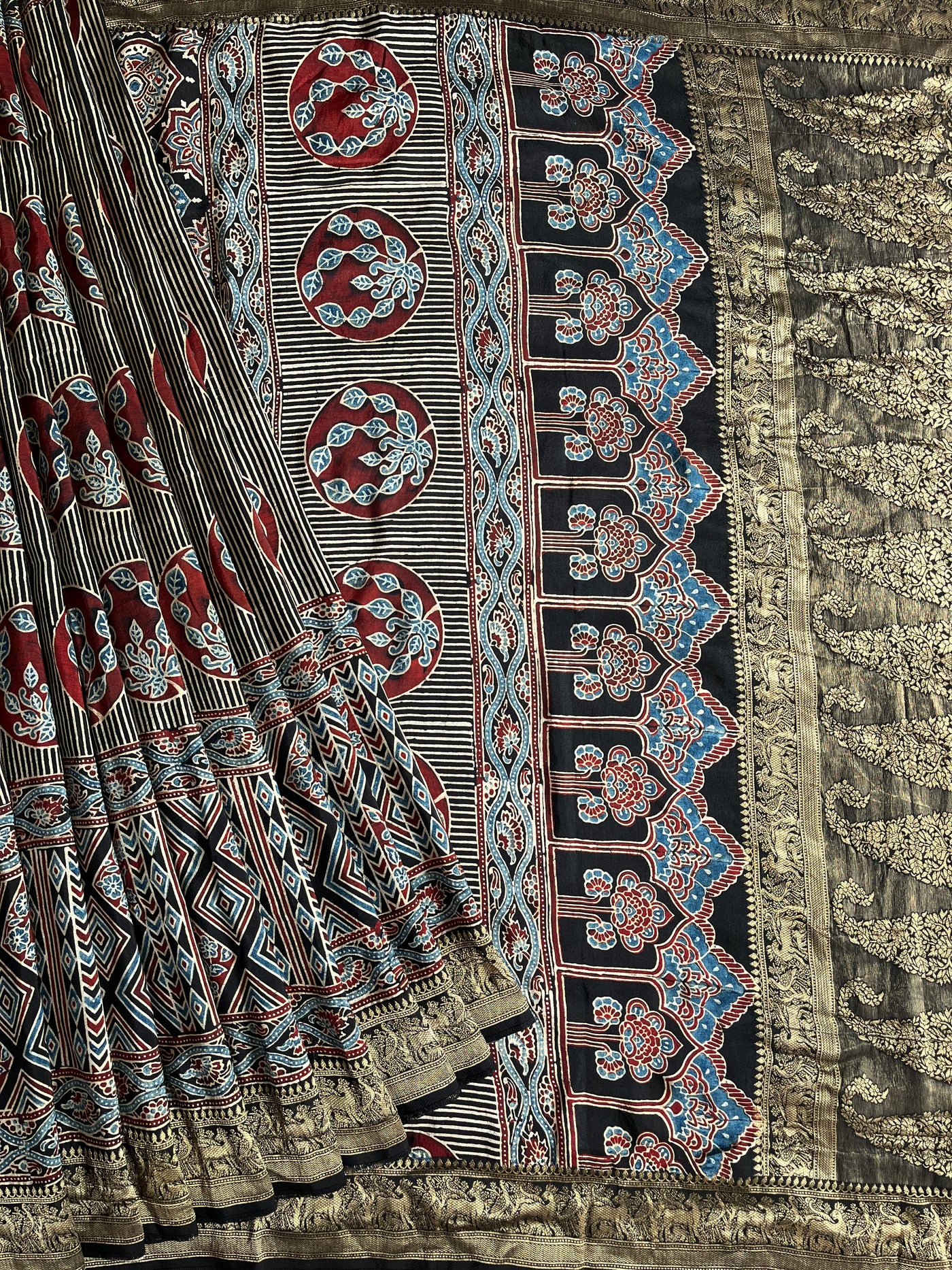 HEMA: Handblock Ajrakh Dola Silk Saree with Meenakari Pallu