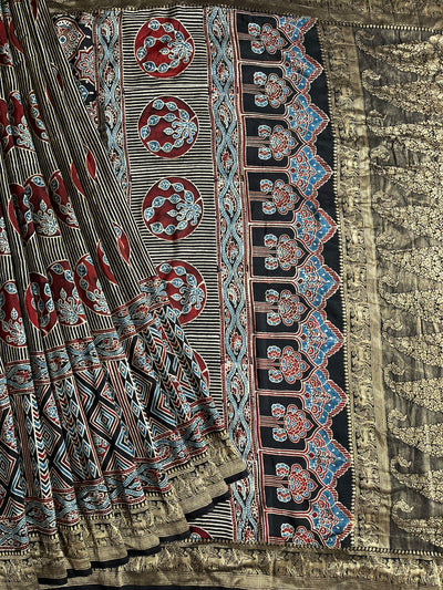 HEMA: Handblock Ajrakh Dola Silk Saree with Meenakari Pallu