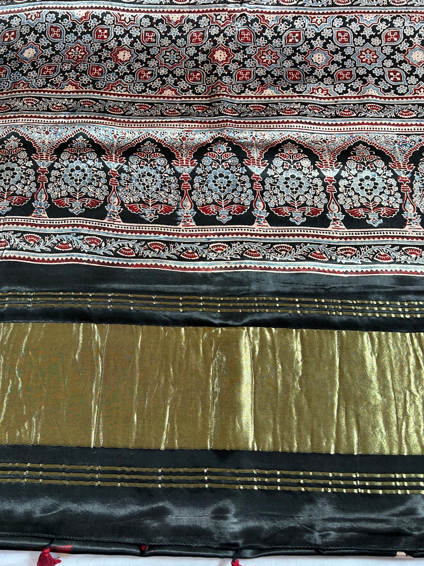 KRISHNA:BLACK,HANDBLOCK AJRAKH MODAL SILK SAREE WITH TISSUE PALLU