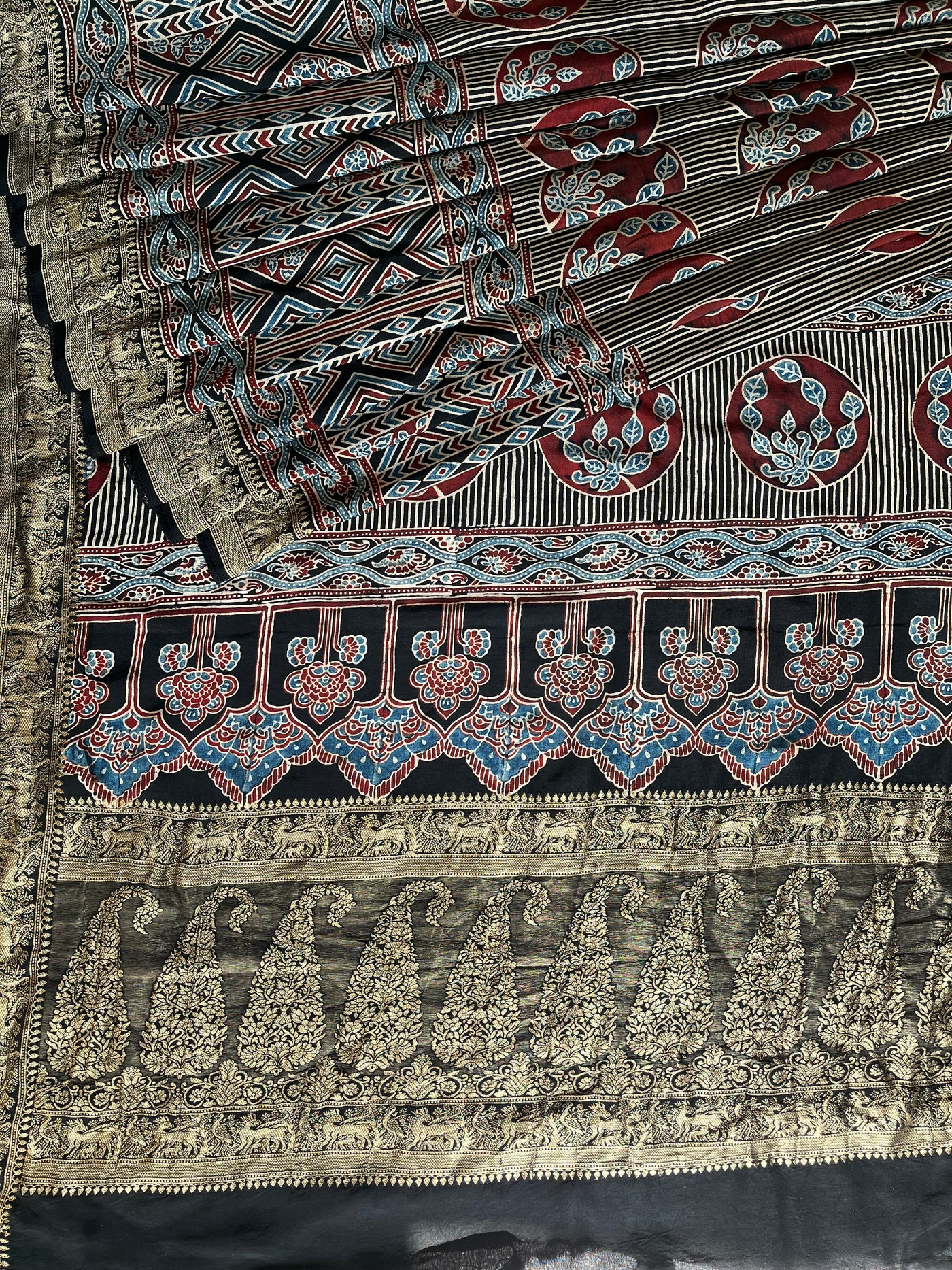 HEMA: Handblock Ajrakh Dola Silk Saree with Meenakari Pallu