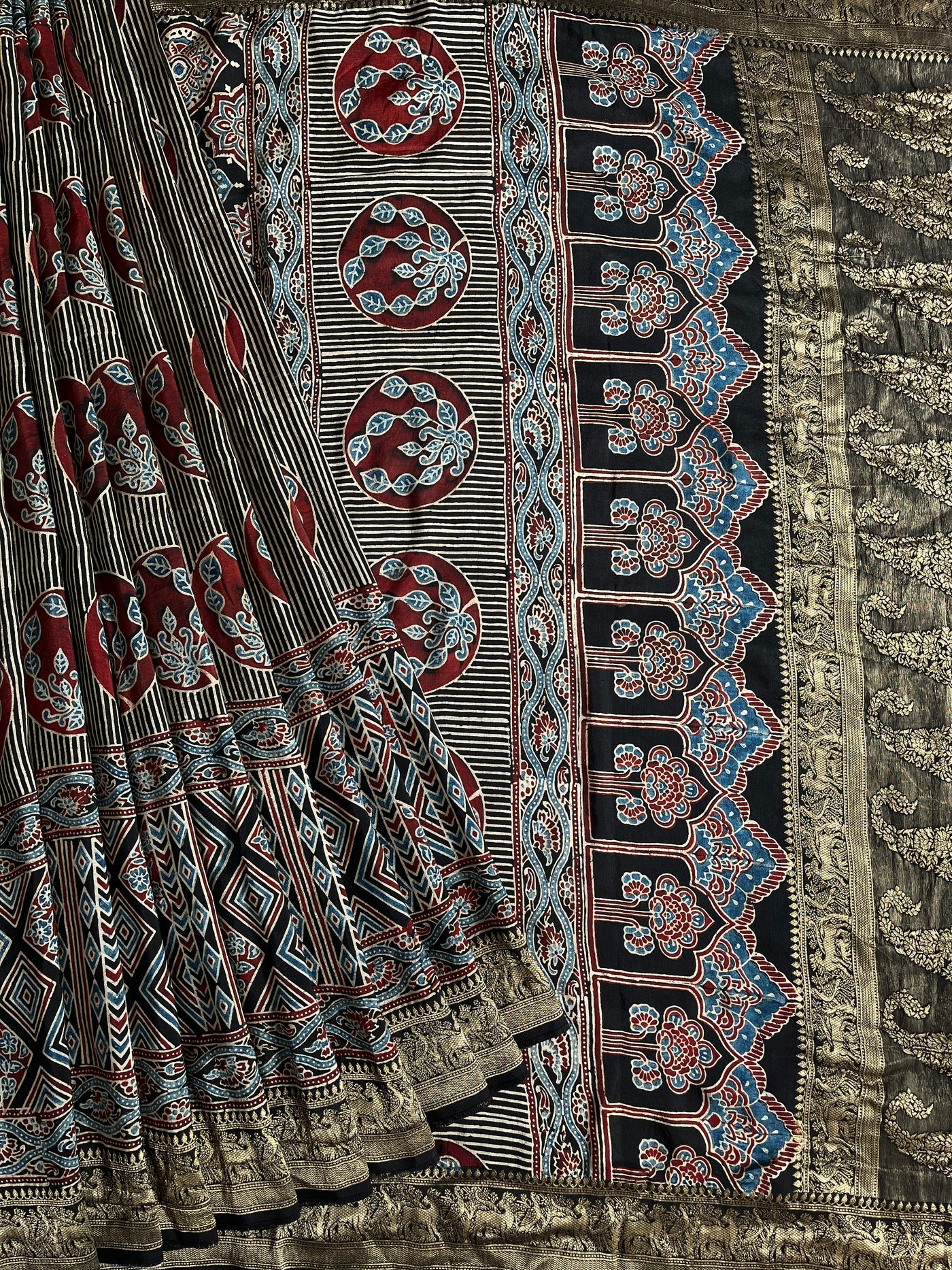 HEMA: Handblock Ajrakh Dola Silk Saree with Meenakari Pallu