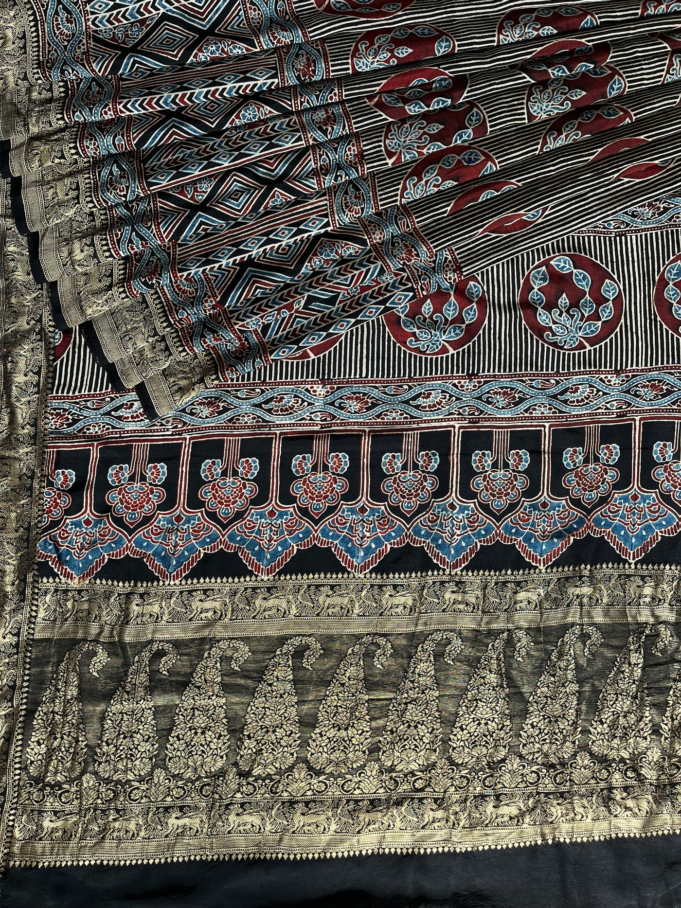 HEMA: Handblock Ajrakh Dola Silk Saree with Meenakari Pallu