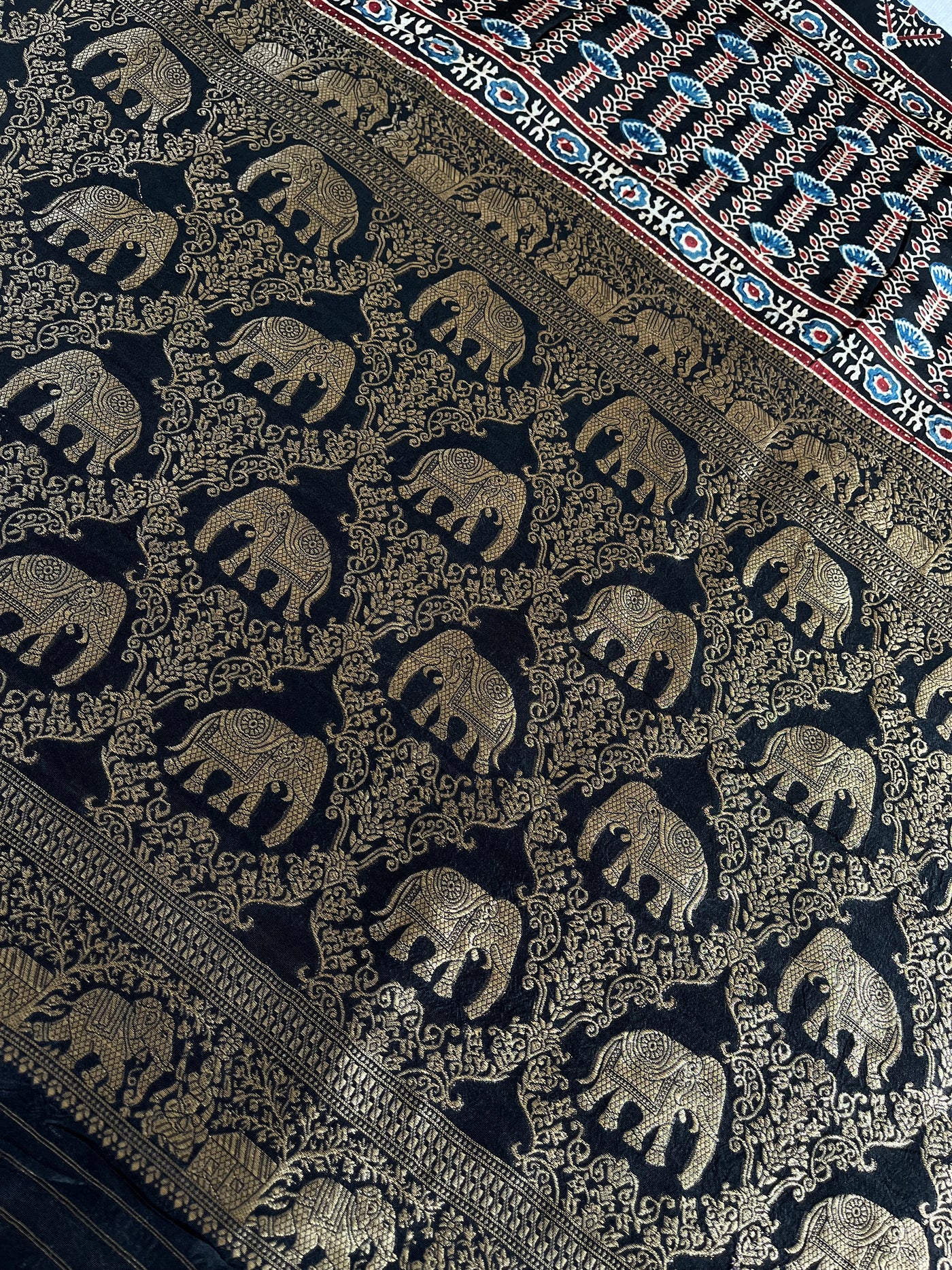 SALONI: Handblock Ajrakh Dola Silk Saree with Meenakari Pallu