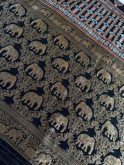 SALONI: Handblock Ajrakh Dola Silk Saree with Meenakari Pallu