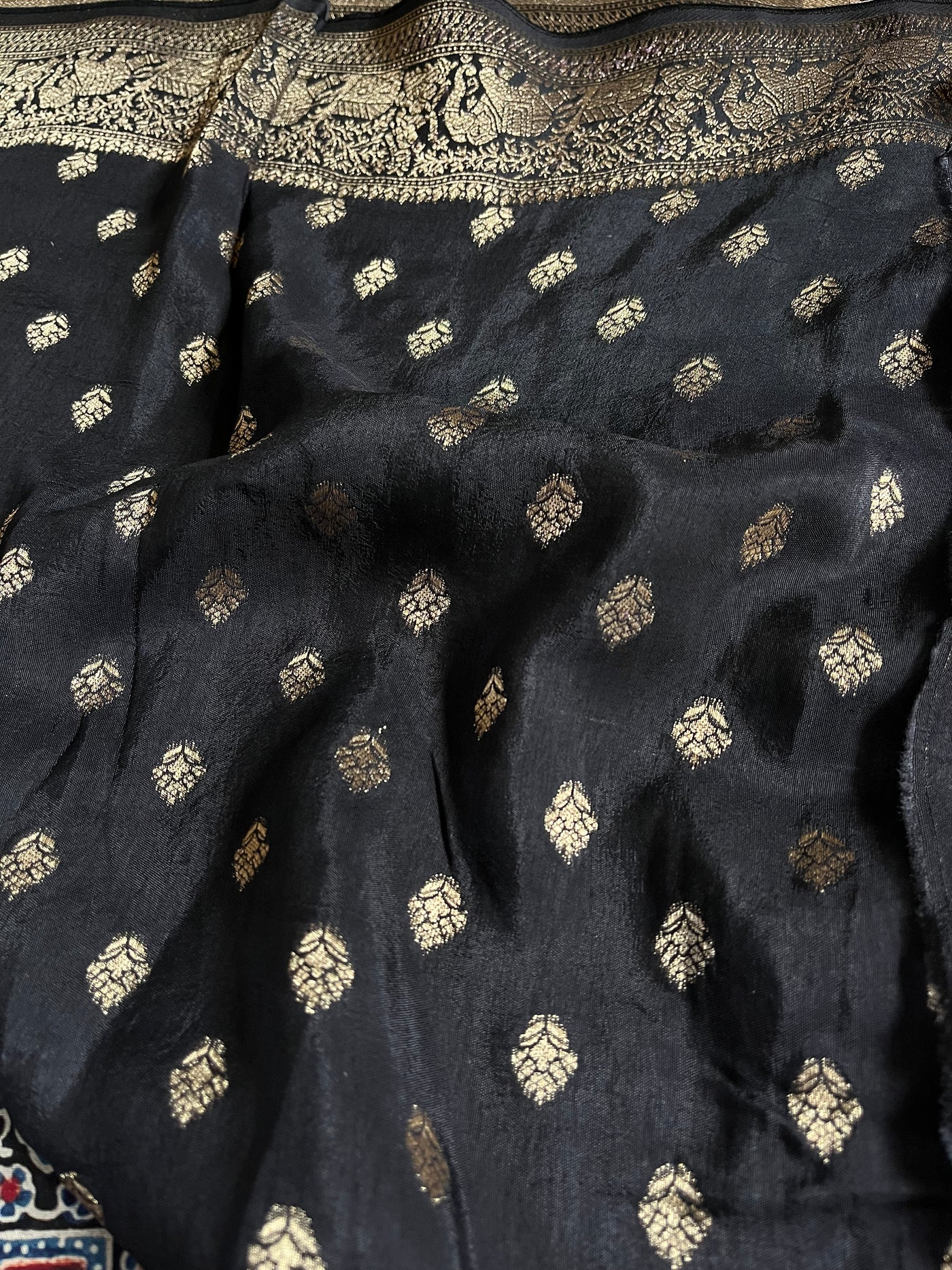 SALONI: Handblock Ajrakh Dola Silk Saree with Meenakari Pallu
