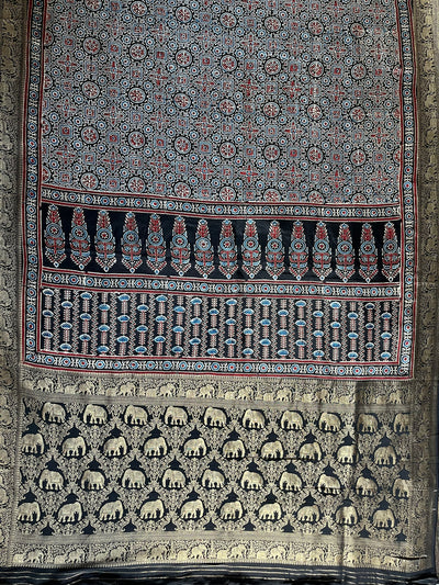 SALONI: Handblock Ajrakh Dola Silk Saree with Meenakari Pallu