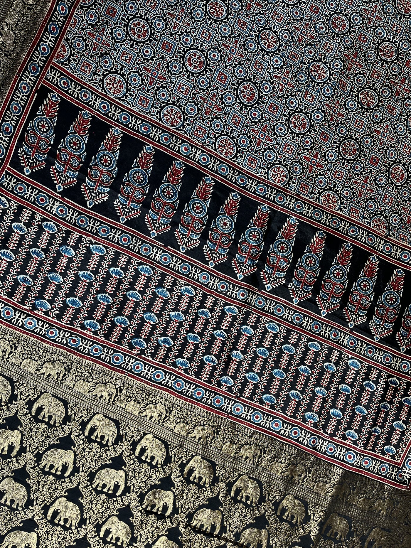 SALONI: Handblock Ajrakh Dola Silk Saree with Meenakari Pallu