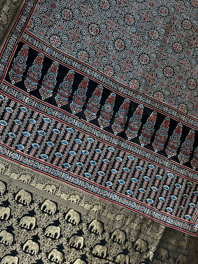 SALONI: Handblock Ajrakh Dola Silk Saree with Meenakari Pallu