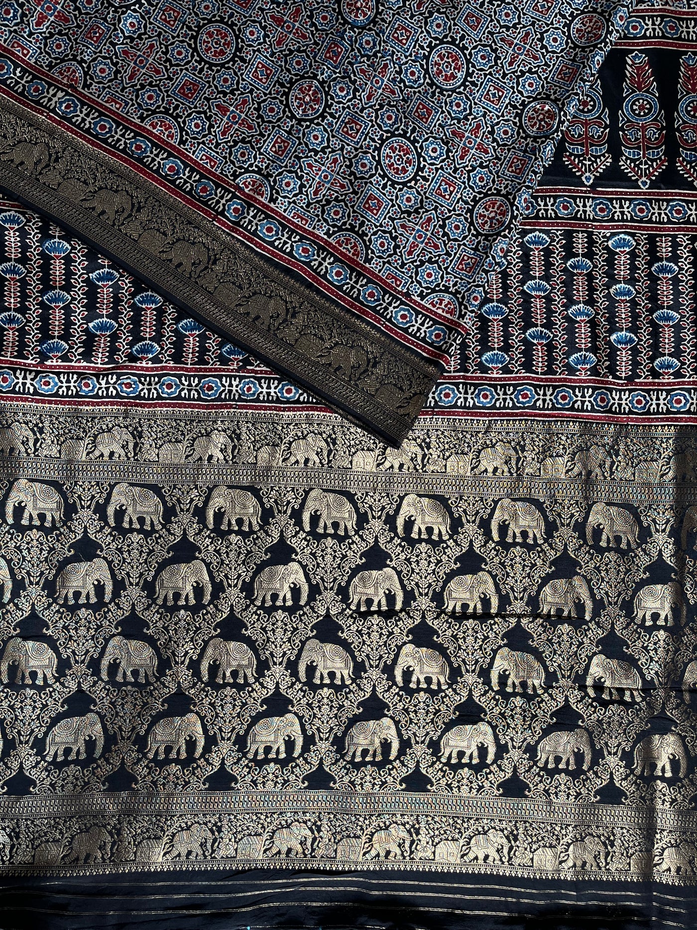 SALONI: Handblock Ajrakh Dola Silk Saree with Meenakari Pallu