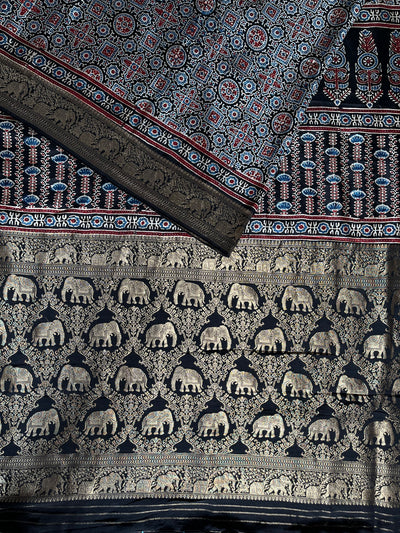 SALONI: Handblock Ajrakh Dola Silk Saree with Meenakari Pallu