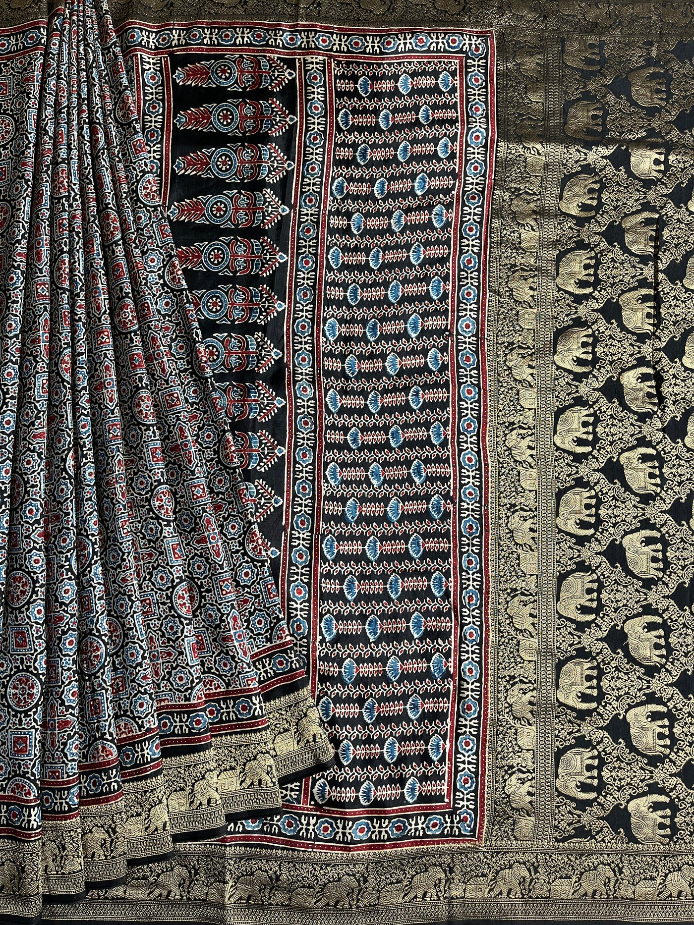 SALONI: Handblock Ajrakh Dola Silk Saree with Meenakari Pallu