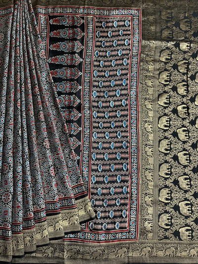 SALONI: Handblock Ajrakh Dola Silk Saree with Meenakari Pallu