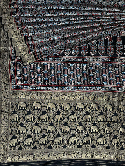 SALONI: Handblock Ajrakh Dola Silk Saree with Meenakari Pallu